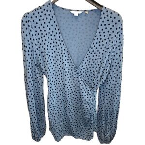 Share  Boden Womens Elodie Faux Wrap Top Size 10 Blue Polka Dot Puff Sleeve Jers